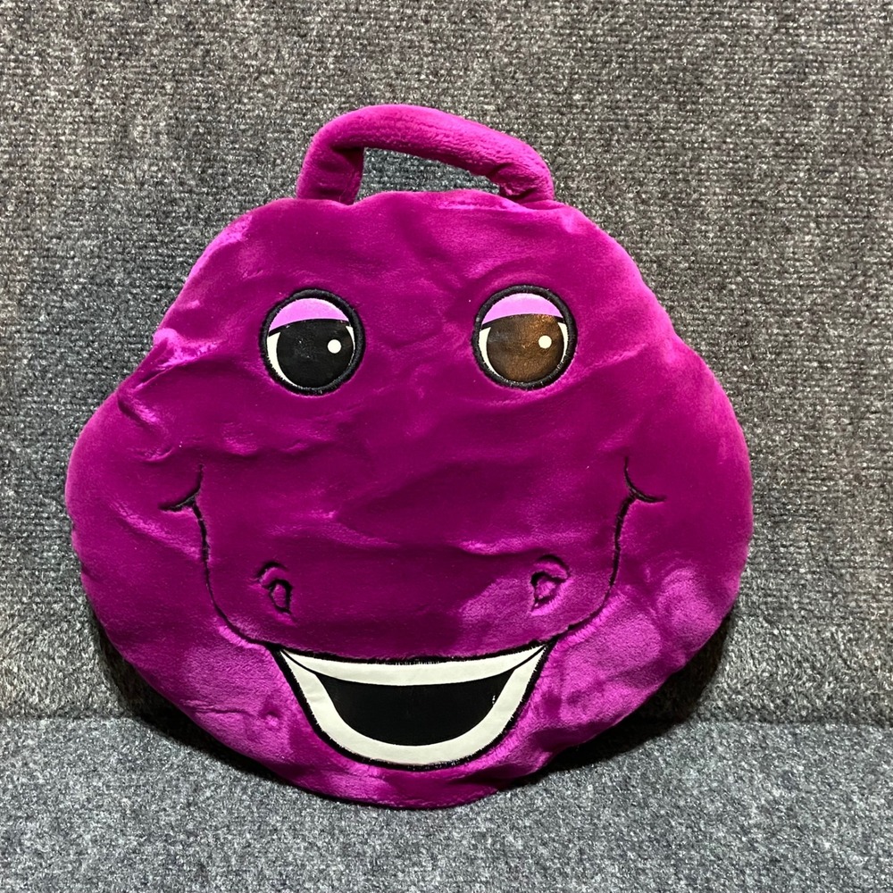 VTG Barney the Dinosaur Purple Plush Travel Pillow Bag Rear Pocket Handle RARE